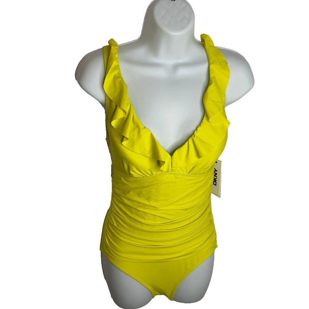 Dkny Ruffle Plunge Underwire Tummy Control One-Piece Swimsuit yellow Size S - Picture 2 of 9
